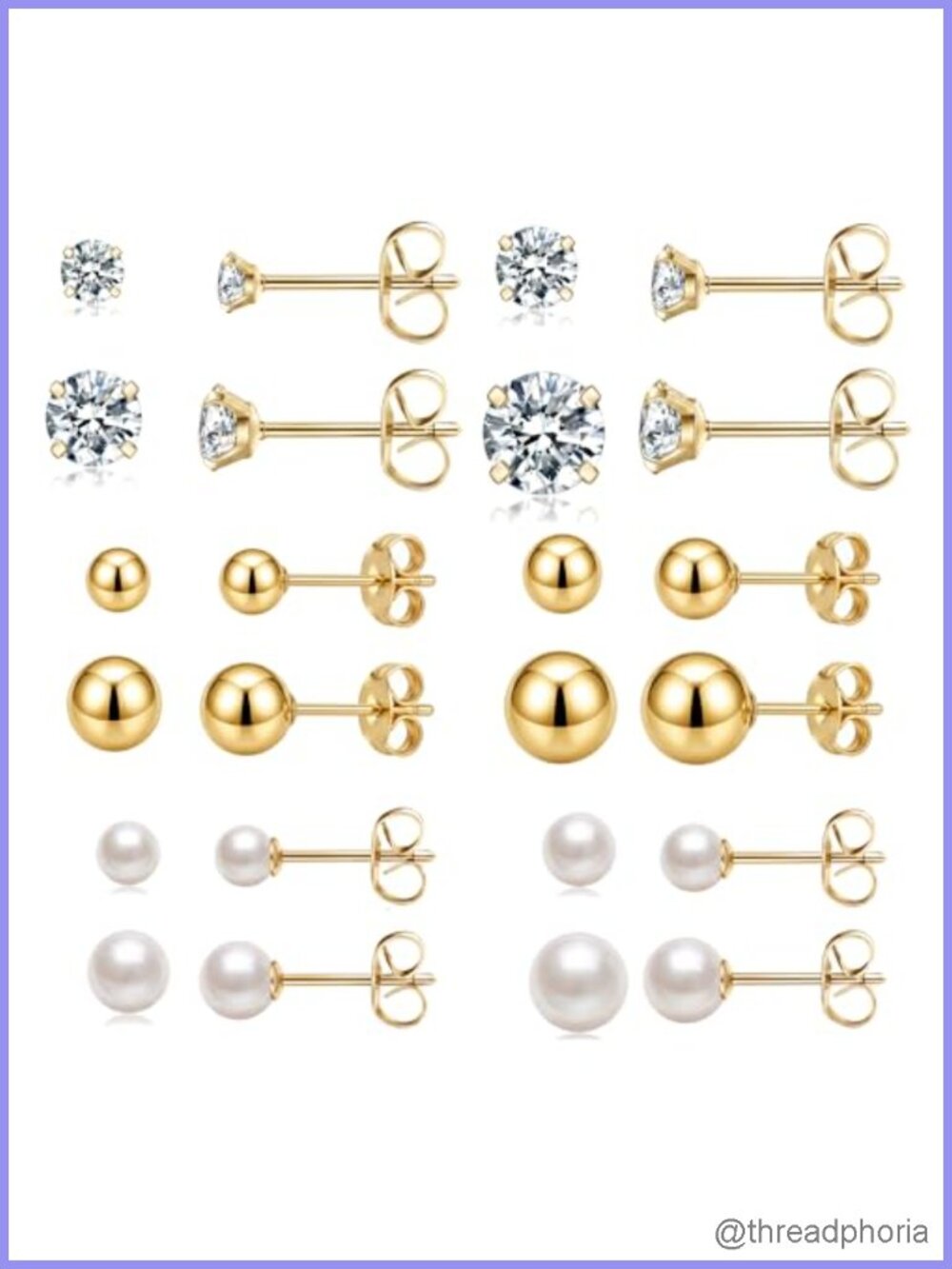 14K Gold Plated Hypoallergenic Stud Earrings Set 12 Pair Surgical Stainless